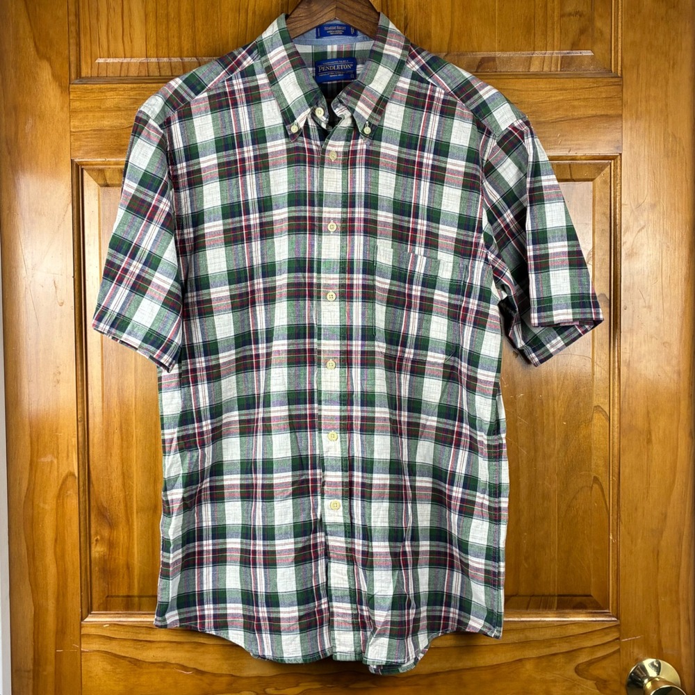 Pendleton Mens L Seaside Shirt Green Red Plaid Madras Cotton Button Down Preppy